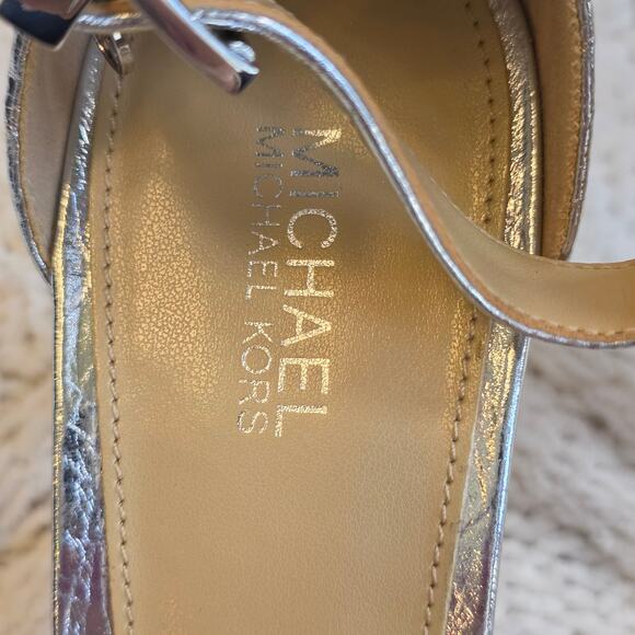 Michael Kors Women Koda Leather Logo Strappy High Heel Sandals Size 7M Silver - Picture 4 of 8